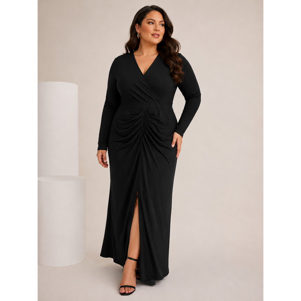 Torrid Black Ruched Stretch Faux Wrap Maxi Dress Lace Women's 1X Long Sleeve